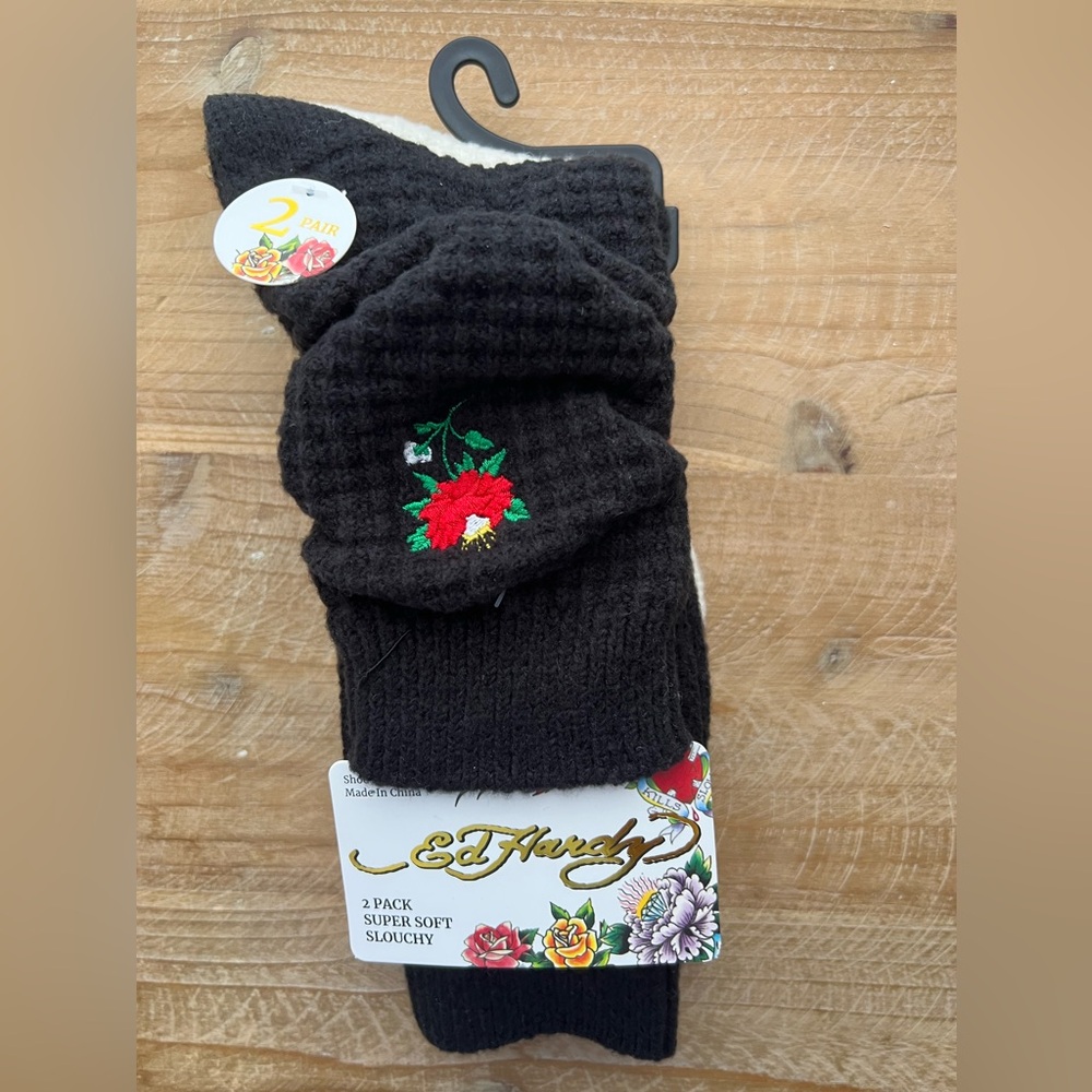Ed Hardy Waffle Knit Slouchy Socks with Red Rose embroidery New